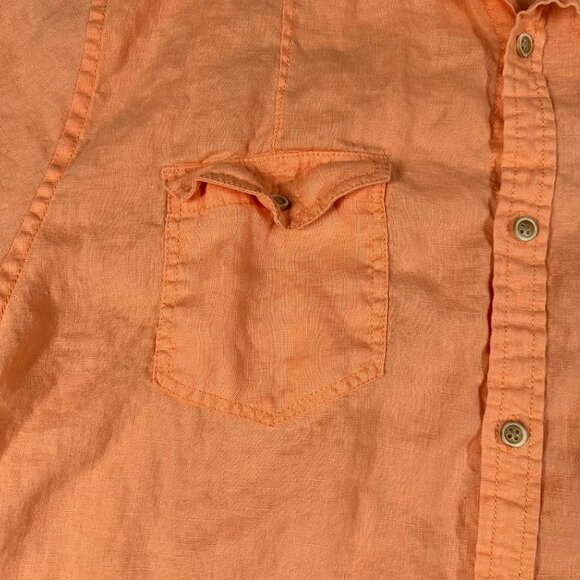 Islander Mens Large Orange Peach Short Sleeve Button Up Linen Shirt Pockets - Picture 5 of 11